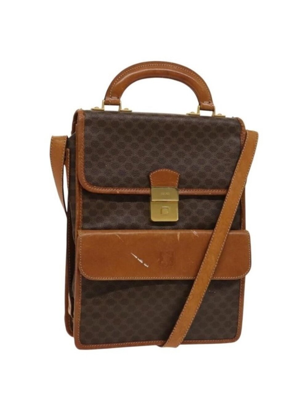 Authentic CELINE Macadam Canvas Shoulder Bag PVC Leather Brown Gold